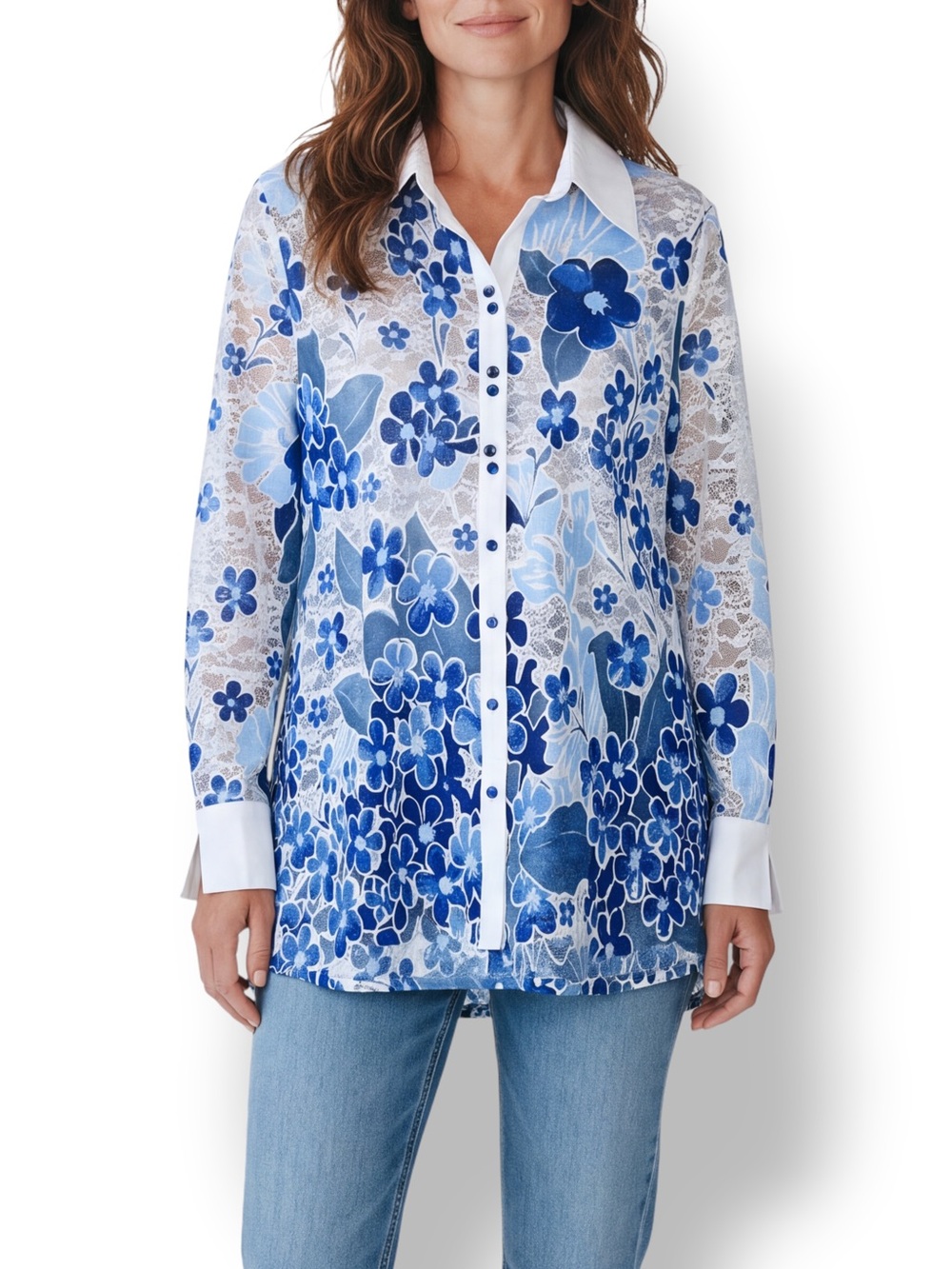 4/$20 Mishca Blue White Floral Lace Button Front Tunic Blouse XL
